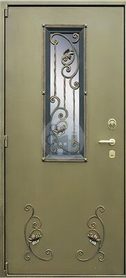 Антивандальная дверь с ковкой и стеклом, внутри ламинат-ДВ-1064